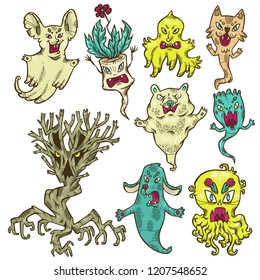 Vector illustration set of ghosts and monsters. Spooky and funny creatures. Good for children illustration, stickers, posters, prints for Halloween party.