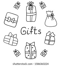 Vector illustration. set of gift box with bows in doodle or hand drawn style. Sketch gift boxes collection. Hand-drawn with ink or pen. Isolated on white background
