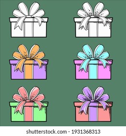 Vector illustration, Set of gift boxes in black and white, color with texture and without texture