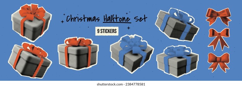 Vector illustration - Set of gift boxes and bows with a halftone effect. Retro collage elements for your digital designs. Trendy stickers in pop art or grunge style.