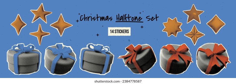 Vector illustration - Set of gift boxes and stars with a halftone effect. Retro collage elements for your digital designs. Trendy stickers in pop art or grunge style.