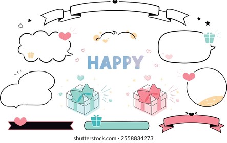A vector illustration set of gift boxes and speech bubbles.Frames, speech balloon, decorations, icons, handwriting.