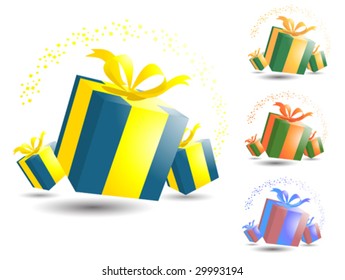 Vector illustration of a set of gift boxes. The file contains three added color schemes. The colors can easily be modified to accommodate different color schemes.