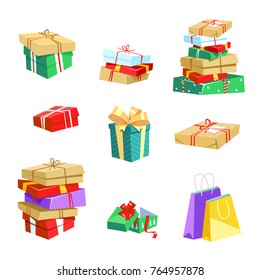 Vector illustration set of gift boxs in colored packaging with ribbons in cartoon style.Present boxs and package for Christmas, birthday, anniversary