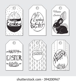 Vector illustration of set  gift card for Easter. Hand drawn monochrome elements bunny, eggs, lettering, calligraphic text for design.