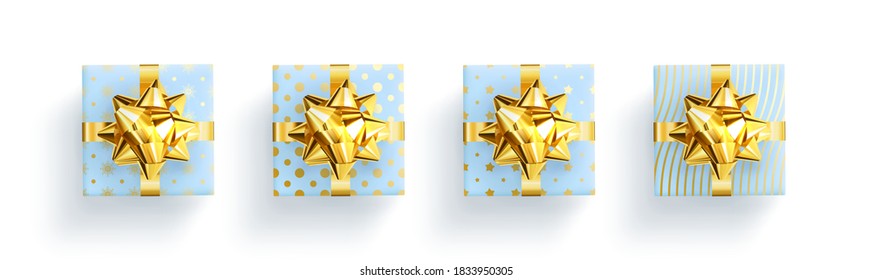 Conjunto de ilustraciones vectoriales. Regalo con cinta de celebración y arco de color dorado sobre fondo blanco aislado