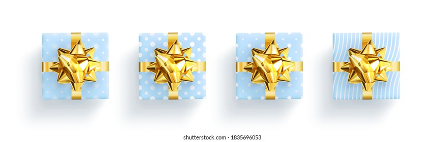 Vector illustration set . Gift with celebration ribbon and gold colored bow on white isolated background