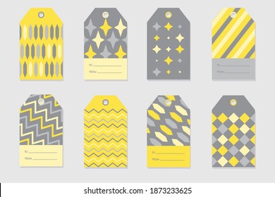 Vector illustration set of Gift Tags with geometric pattern in gray and yellow color. Perfect for birthday, presents and gifts, sale.