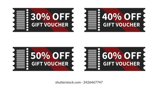 Vector illustration set of gift vouchers with 30, 40, 50 and 60 percent discounts, four tear-off coupons in black colors. Super advantageous offer up to 60% discount