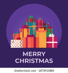 Ilustración vectorial de un conjunto de regalos sobre un fondo morado.