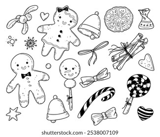 Vector illustration set of gingerbread cookies for Christmas in doodle hand drawn style.