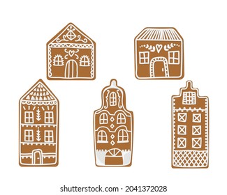 Vector illustration of a set of gingerbread houses of different shapes, styles and sizes