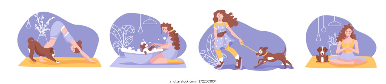 Vector illustration set with girl caring her puppy. Pet care concept. Modern colorful cartoon style. Girl spend time with dog. 