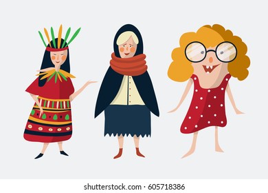 Vector illustration set with girl characters in cartoon style