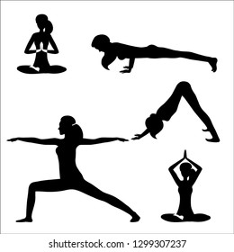 Vector illustration of a set girl doing yoga and meditating. Black silhouettes of girl isolated on white background. Silhouettes of girls in various poses of yoga. Practice poster design.