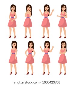 Vector illustration set of girl dressed in a pink dress with a different emotions and poses on white background in flat cartoon style.