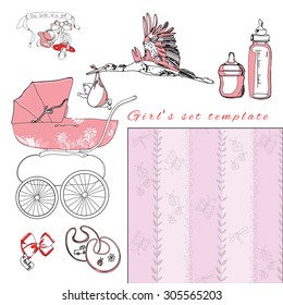 Vector illustration of set for girl include pram, stork with baby, bows, bottles on white background. Template for baby