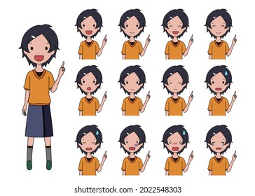 Vector illustration set of a girl pointing with a finger to guide