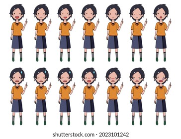 Vector illustration set of a girl pointing with a finger to guide