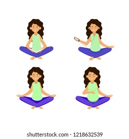 Vector illustration. Set girl sitting in a meditation pose with her legs crossed. A young woman reading a book, listening to music, meditating. A pregnant woman meditates.