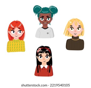 Vector illustration. Set of girls avatars. Girlfriends. Many people. Characters. People in a row. Various hairstyles and outfits.