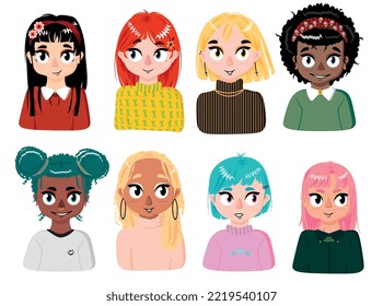 Vector illustration. Set of girls avatars. Girlfriends. Many people. Characters. People in a row. Various hairstyles and outfits.