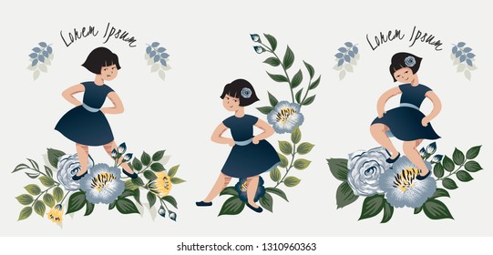 Vector illustration set of girls and flowers for Wedding, anniversary, birthday and party. Design for banner, poster, card, invitation and scrapbook