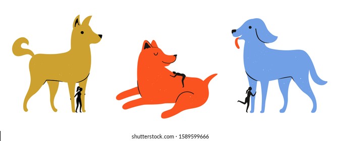 Vector illustration set with girls and huge dogs. Domestic animal lover cartoon style print design