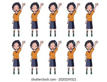 Vector illustration set of girls raising hands