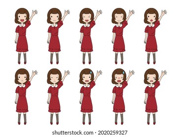 Vector illustration set of girls raising hands