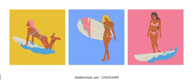 Vector illustration set girls with surfboards. Inspirational women illustration. Summer vibe