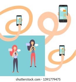 Vector illustration. A set of girls, women of different nationalities in different clothes. Women, girls with phones. Long hands with a smartphone.  Infographics on the theme of technology, cognition