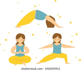 Vector illustration set of a girls in yellow trousers and a blue T-shirts meditate and practices yoga in different poses

