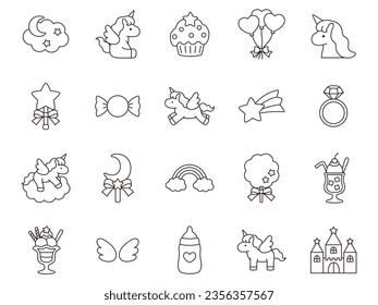 A vector illustration set of girly icons such as cute unicorns, castles, stars and moons.　　, shooting stars, cream soda, baby bottles, rainbows, ice cream, rings, candy, wings