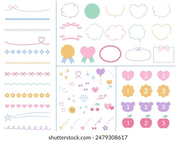 Conjunto de Ilustración vectorial de ilustraciones de adornos femeninos. Marcos, corazones, flores, burbujas de voz, números, cintas