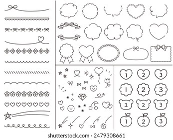 Conjunto de Ilustración vectorial de ilustraciones de adornos femeninos. Marcos, corazones, flores, burbujas de voz, números, cintas