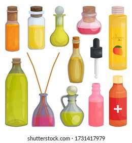 Vector illustration with a set of glass jars of vegetable or essential oil, walnut liquid oil in cartoon style. A bottle of aromatherapy oil for spa treatments, cooking and perfumes, at home. 