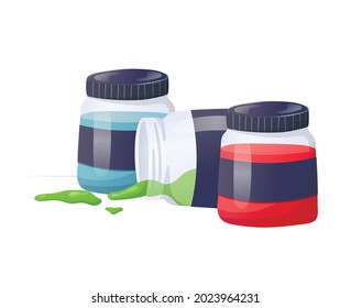 Vector illustration of a set of glass jars with multi-colored paints. One of the open cans lies on its side, drops of paint have spilled out.