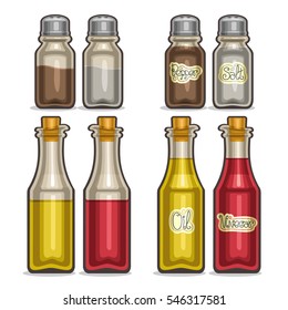 Vector illustration Set glass Shakers for salt and pepper, classic shiny bottles olive oil and red wine vinegar, vintage decor saltcellar, set containers for condiments, half shaker spices with label.