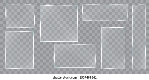 Vector illustration. Set of glass templates with reflection. Elements of graphic design for posters, games, web pages. Glowing borders. Objects with shadows. Realistic glass transparent background.