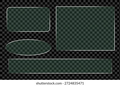 Ilustración vectorial. Conjunto de Plantillas de vidrio con reflejo. Elementos de Diseño gráfico para carteles, juegos, páginas de Web. Fronteras brillantes. Objetos con sombras. Fondo transparente de vidrio realista eps