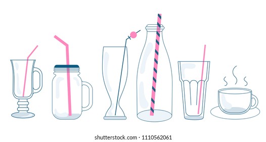 Vector illustration set of glasses and bottles for drinks. Jars, cups and glasses with drinking straws. Used for juice bar printables for menu design in flat style.straw vector drink.isolated on white