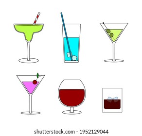 Vector illustration of a set with glasses with a cocktail. The element is isolated on a white background.
The collection can be used as a sticker, icon, logo.