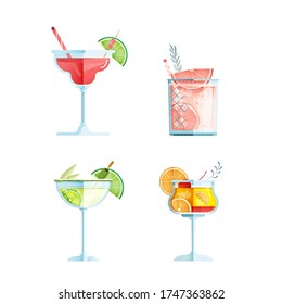 Ilustración vectorial conjunto de lentes de cóctel cosmopolita, cóctel de Grapefruit Gin, cóctel Margarita, cóctel Tequila Sunrise sobre un fondo aislado. Concepto plano. Diseño del menú de barras.