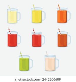 Vektor-Illustration eines Satzes von Gläsern mit Saft. Säfte mit verschiedenen Geschmacksrichtungen. Fruchtsäfte.