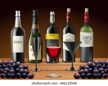 Vector illustration of  Set of glasses wine and champagne bottles