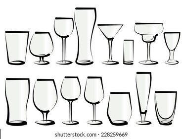 Vector illustration set of glasses, as you can find in a bar or a restaurant. Any kind, for any use, for water, soft drinks, alcohol and liquor