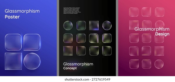 Vektorgrafik. Set von Poster-Vorlagen für Glasmorphismus. Gefrierglas geometrische Formen mit leuchtenden Kanten und bunten Farbverläufen. Modernes ux Design-Konzept für Postkarte, Zeitschriftencover, Flyer