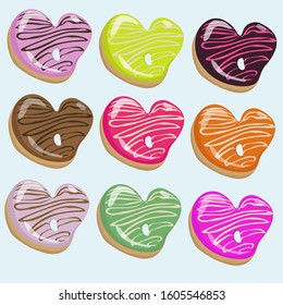 vector illustration set of glazed heart-shaped donuts with glaze. design of wrapping paper, textile, print. food element. cartoon style.