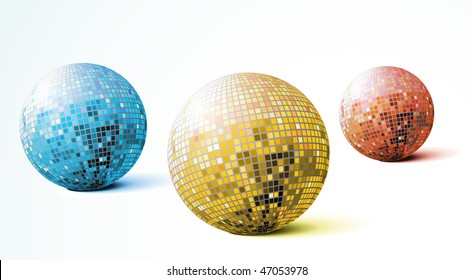 Vector illustration set of Glitter disco mirror balls with reflection